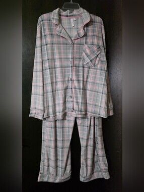 Women's Pink Gray Plaid Button-Up Pajama Set Pockets Fleece Oversized Size L